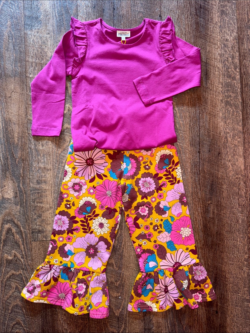 Girls Magenta Ruffle Sleeve Top with Floral Ruffle Hem Pants